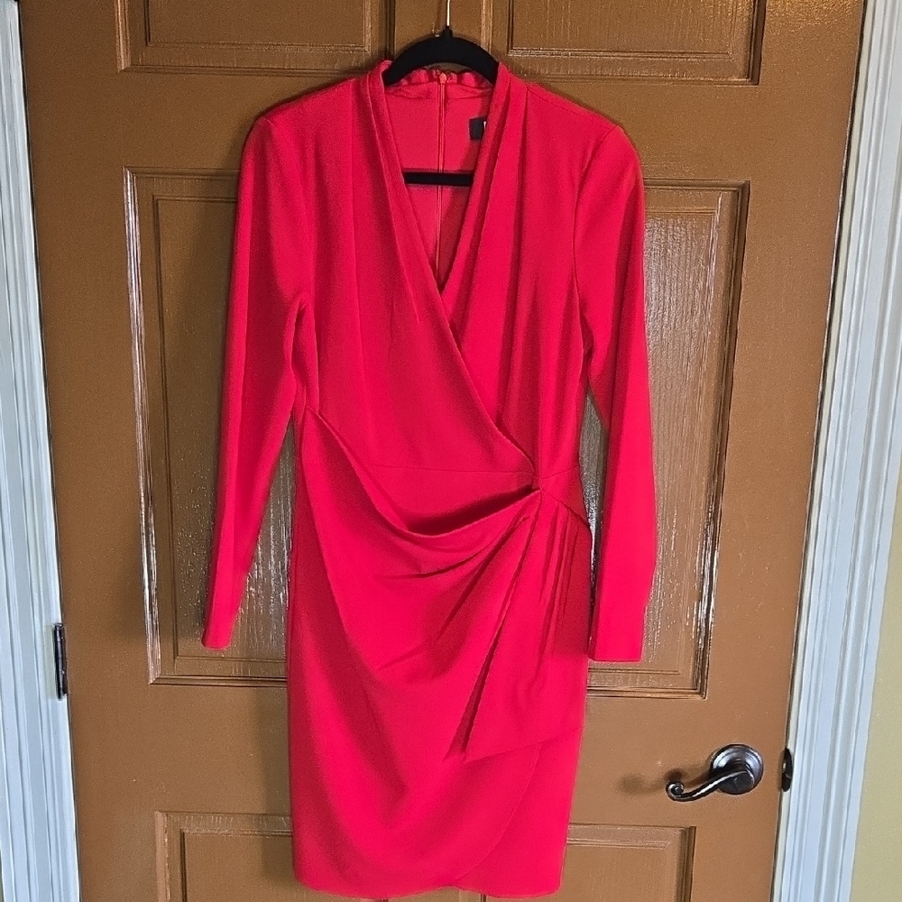 DKNY-Red V neck crepe stretchy long sleeved dress with draped skirt Sz 6